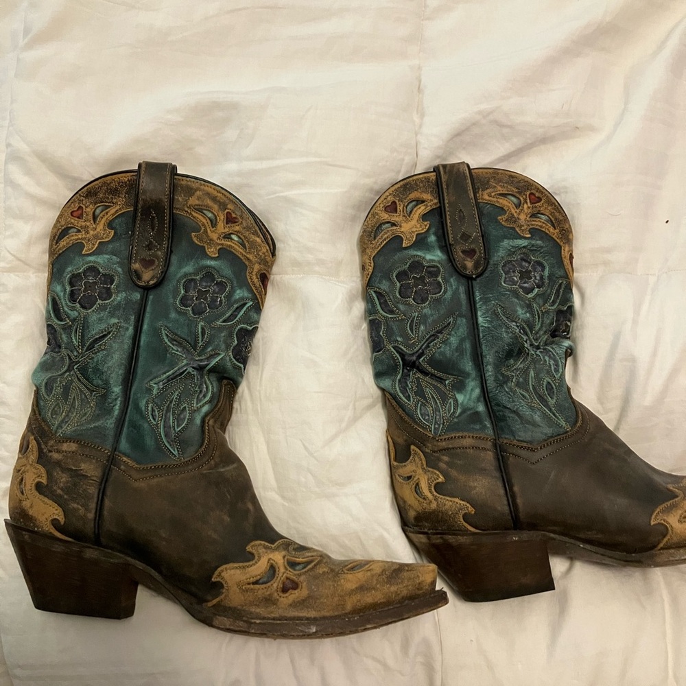 Dan Post EUC Cowboy Boots turquoise size 8.5 men’s 10 women’s birds hearts